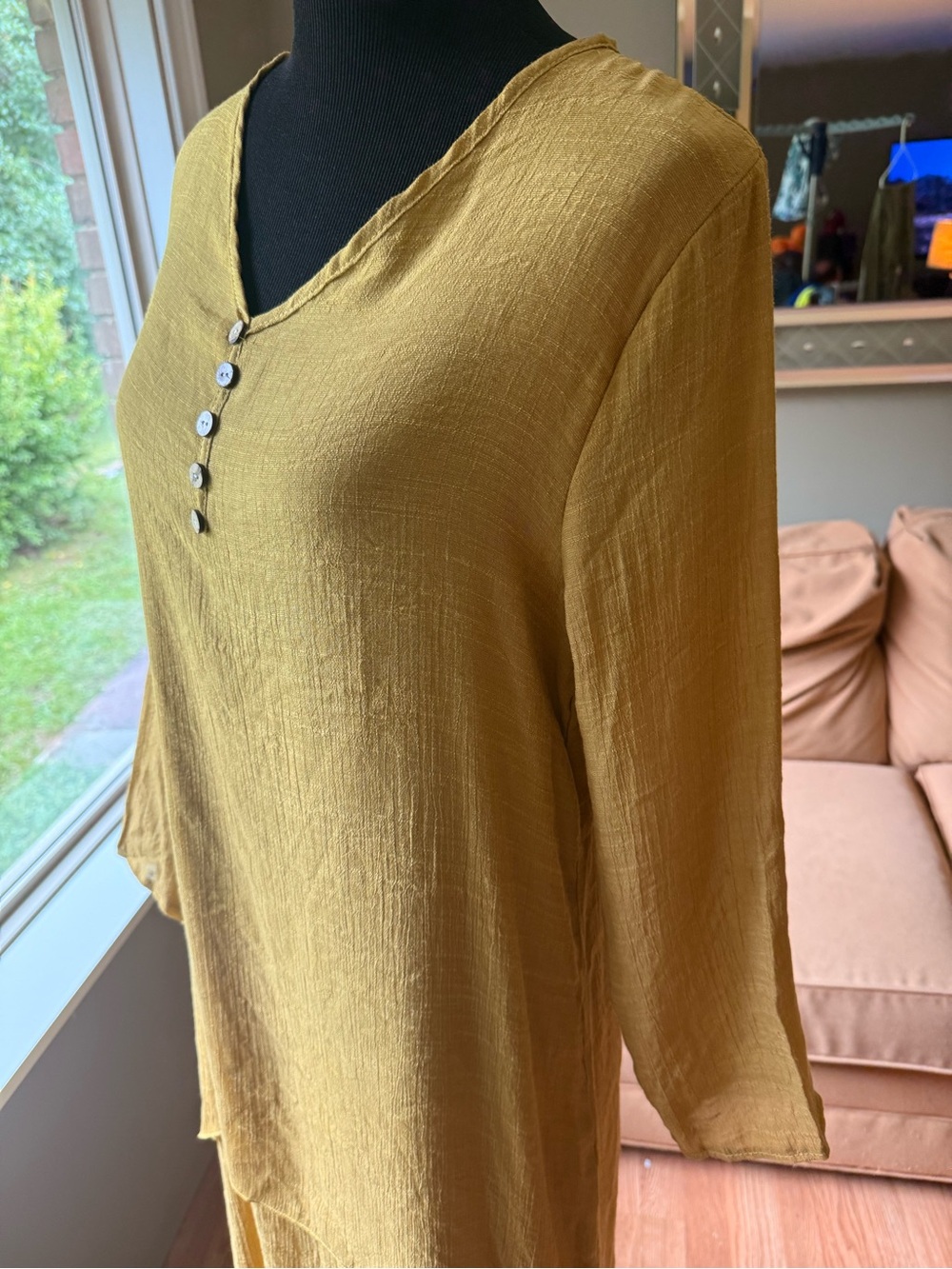 Dayou Relaxed V-Neck Button-Front Women's Dress Mustard Yellow Medium